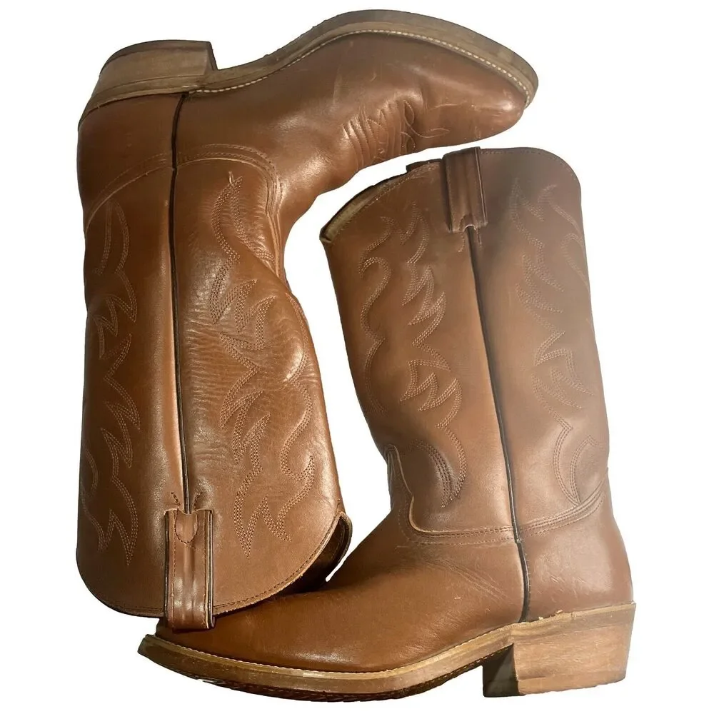 Vintage Sheplers Light Brown/Tan Leather Western Cowboy Boots Mens Size 8.5 D - Picture 2 of 11